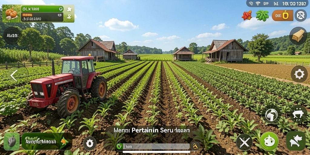 Screenshot utama gameplay OLX128 dengan aktivitas bertani yang seru.
