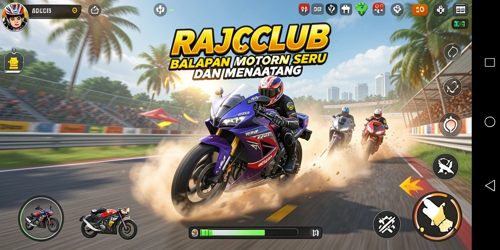 Screenshot utama RAJACLUB menunjukkan aksi balapan motor yang mendebarkan.